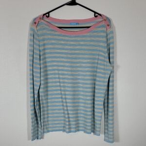 J Mclaughlin Striped Linen Sweater Size L Blue Pink Preppy Boatneck Coastal